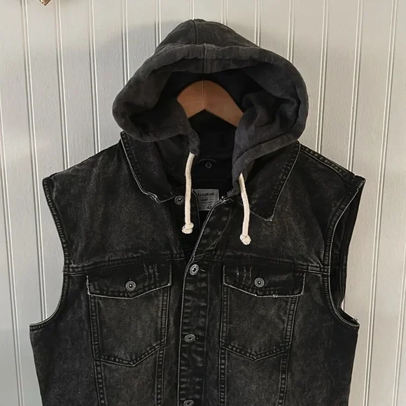 Pull & Bear Charcoal Gray Denim Hooded Vest Jacket XL - Picture 3 of 11